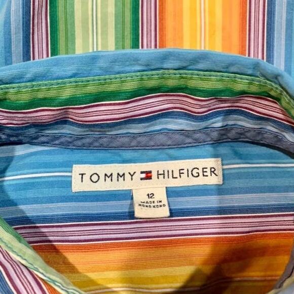 Tommy Hilfiger Shirt Size S or M Rainbow Stripe Cotton Button Collar Y2k 2004 - Picture 4 of 11